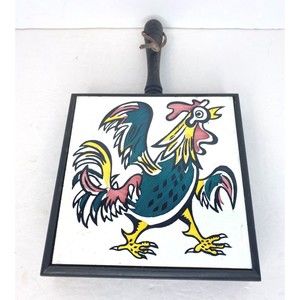 Vintage Trivet Wood & Ceramic Tile ROOSTER , Kitchen Decorations